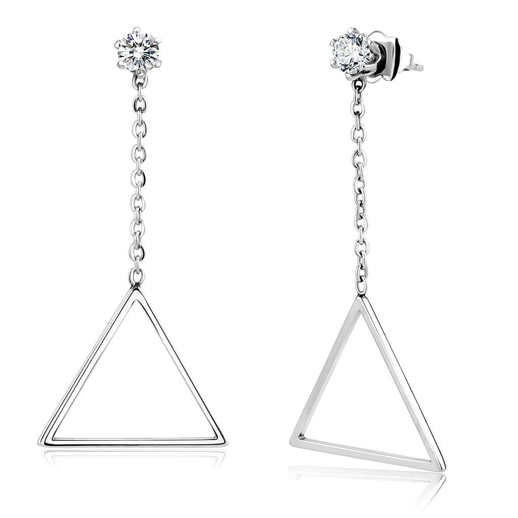 Stainless Steel Silver CZ Round Triangle Chain Drop Stud Earrings