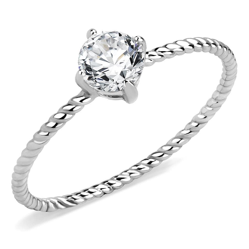 Stainless Steel Silver CZ Round Rope Twist Thin Solitaire Ring