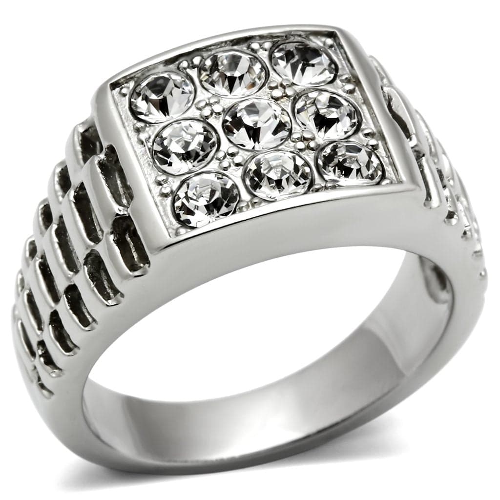 Stainless Steel CZ Round Pave Grid Baguette Channel Wide Ring