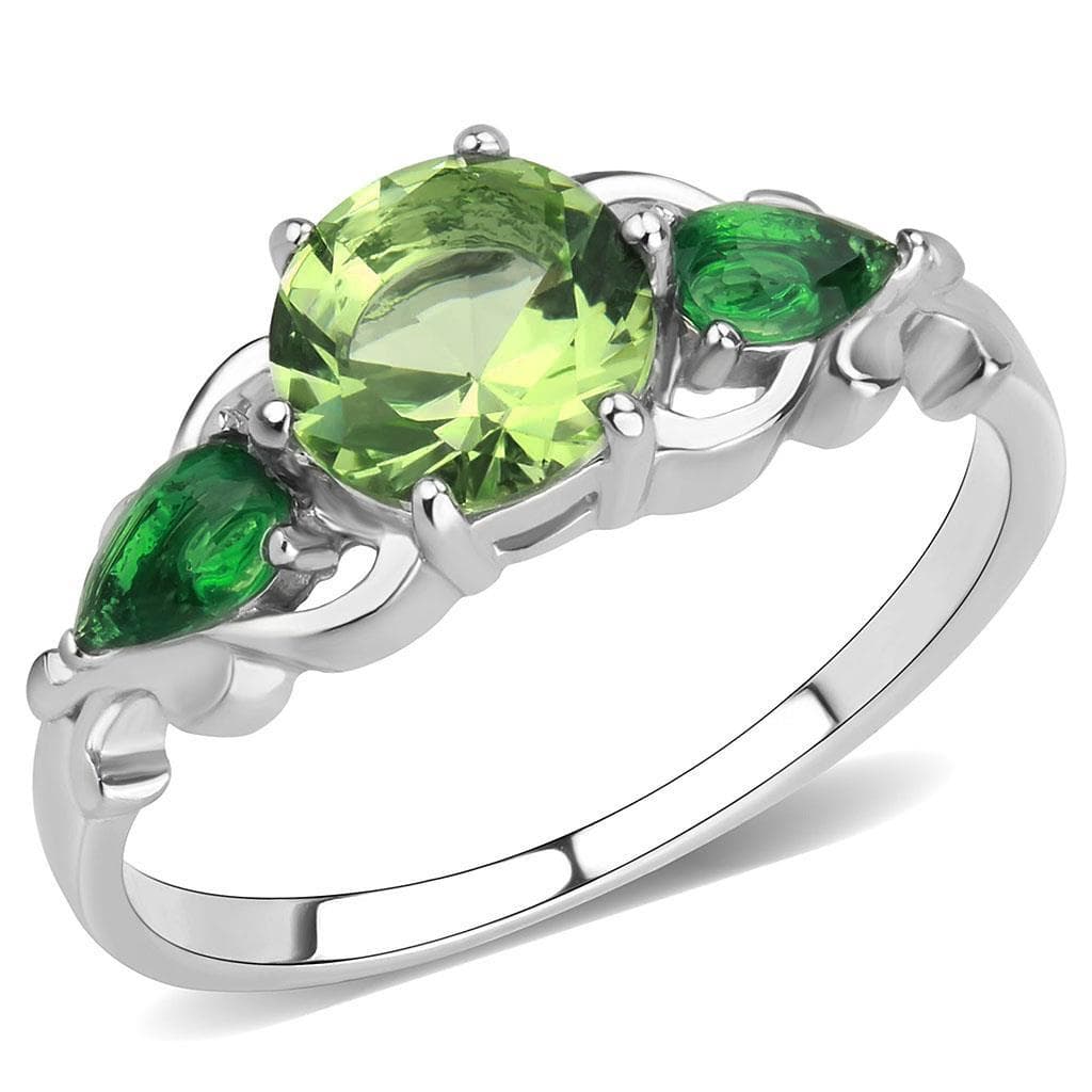 Stainless Steel Peridot Green Emerald CZ Pear Three Stone Ring