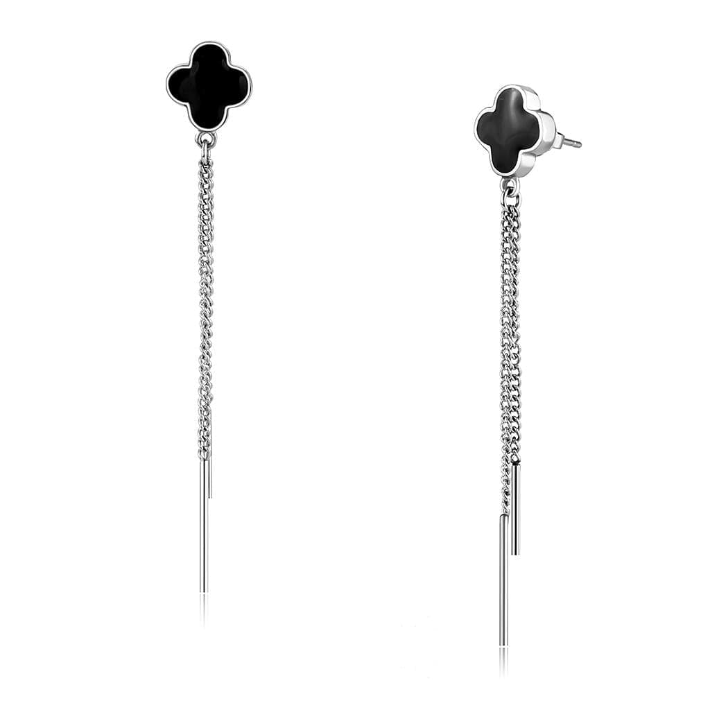 Stainless Steel Silver Black Enamel Clover Chain Earrings