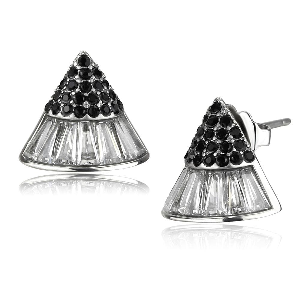 Stainless Steel Silver Black CZ Baguette Fan Triangle Earrings
