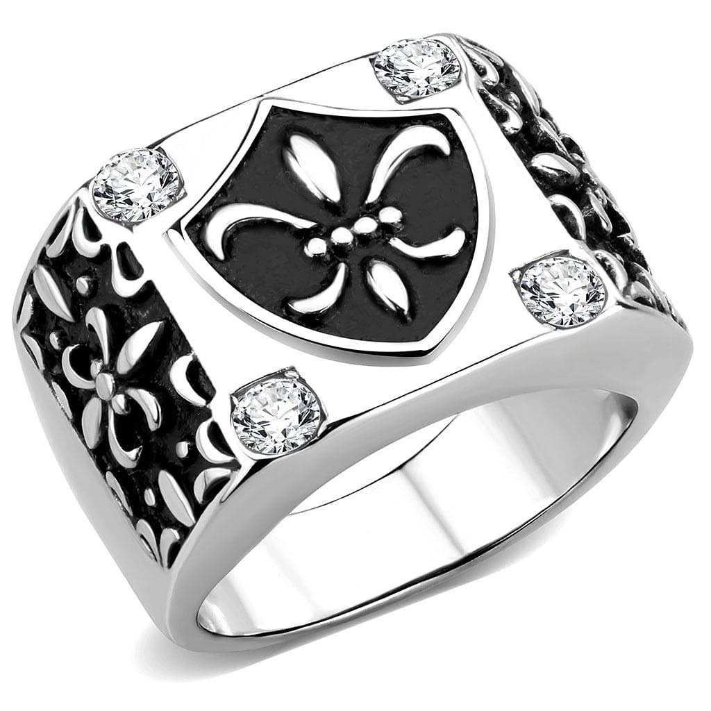 Stainless Steel Silver Black Enamel CZ Fleur De Lis Shield Ring