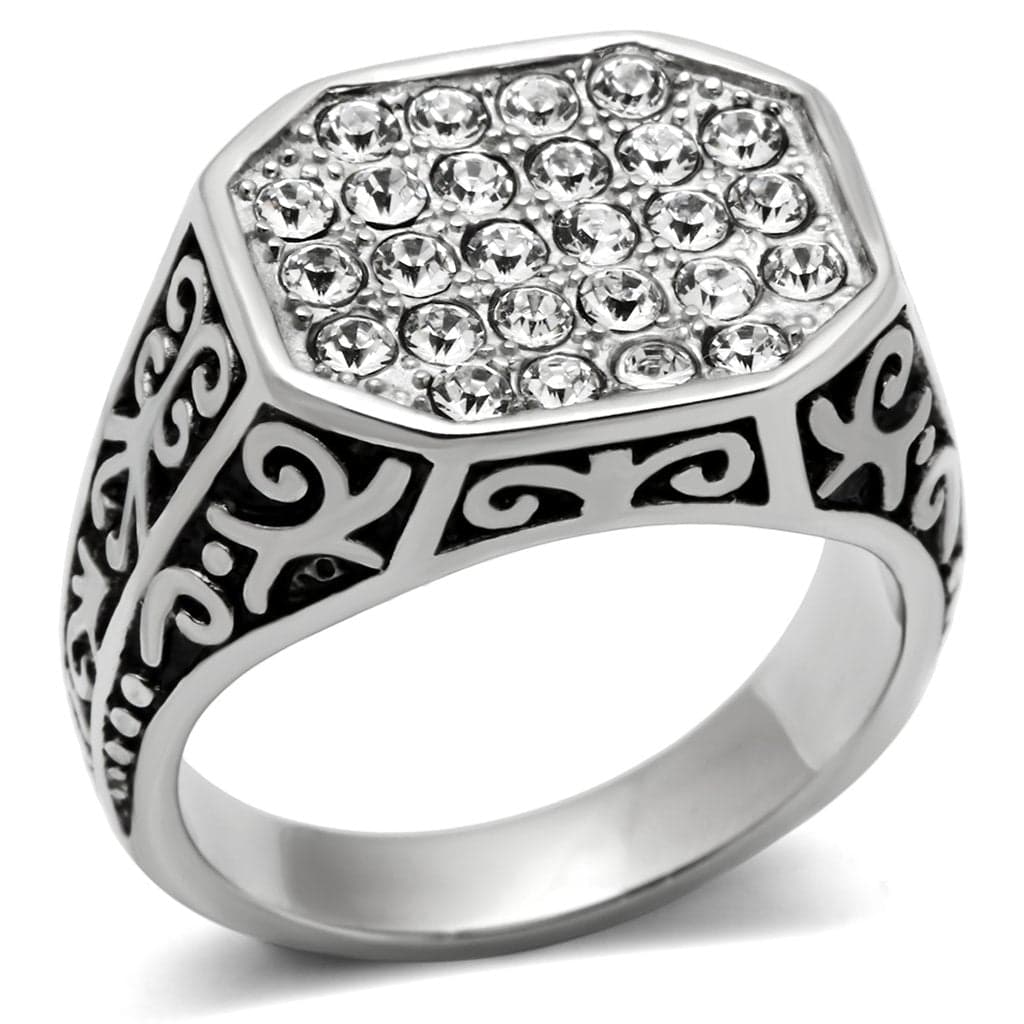Stainless Steel CZ Pave Scroll Filigree Hexagon Mens Signet Ring