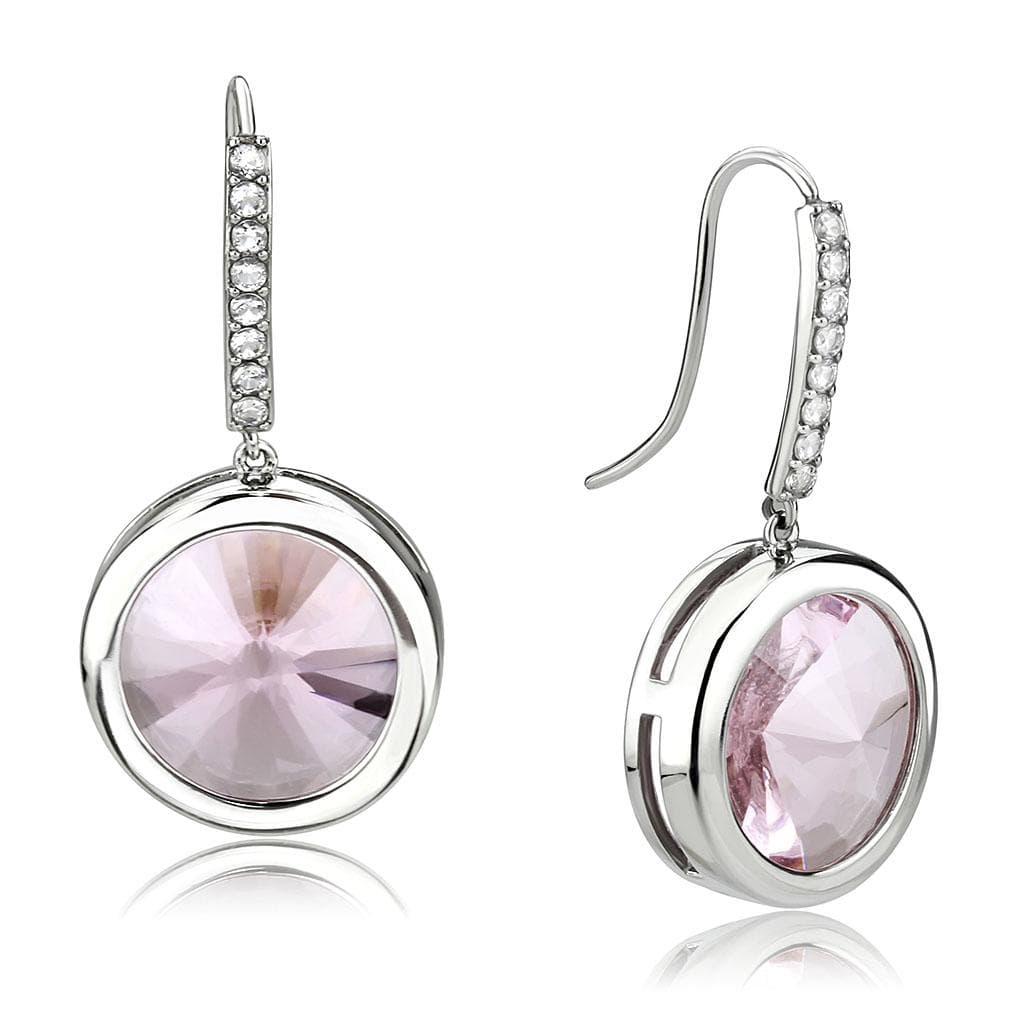 Stainless Steel Silver Light Rose Crystal Round CZ Pave Earrings