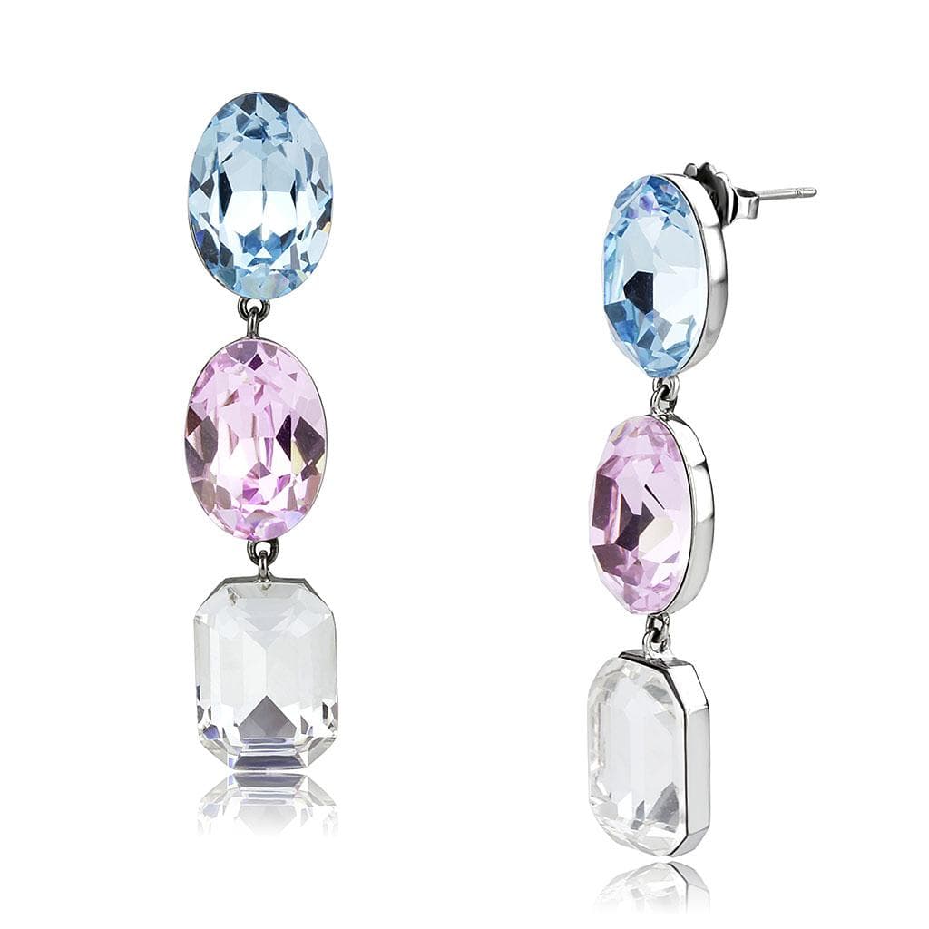 Stainless Steel Aquamarine Light Blue Crystal Oval Earrings