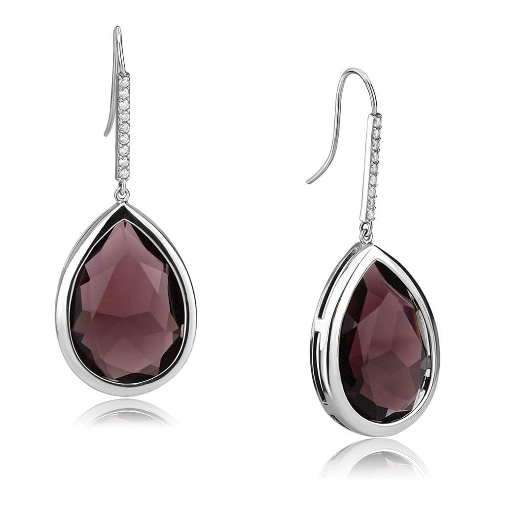 Stainless Steel Silver Dark Burgundy Crystal Pear CZ Earrings