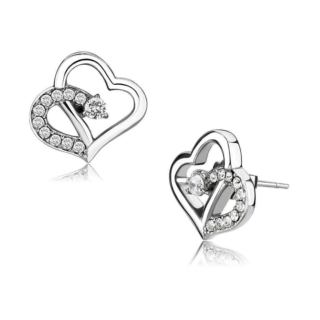 Stainless Steel Silver CZ Heart Open Stud Earrings