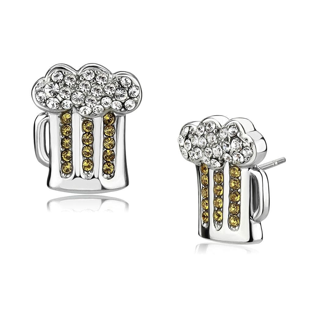 Stainless Steel Silver CZ Pave Beer Mug Novelty Stud Earrings
