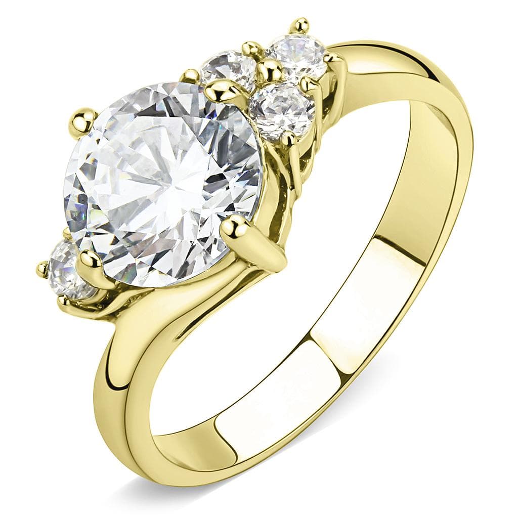 Stainless Steel Gold IP CZ Heart Pear Round Three Stone Ring
