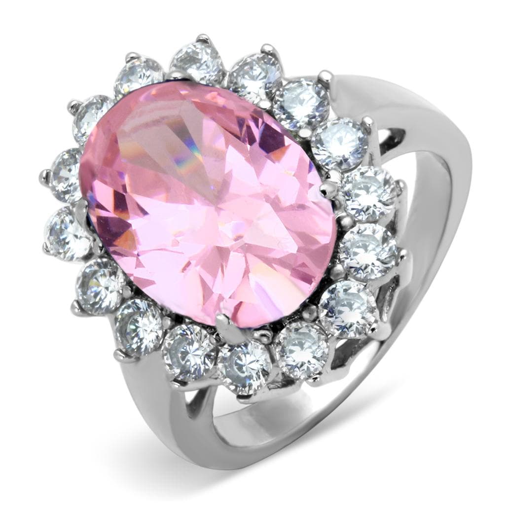 Stainless Steel Pink CZ Oval Round Halo Cluster Flower Ring