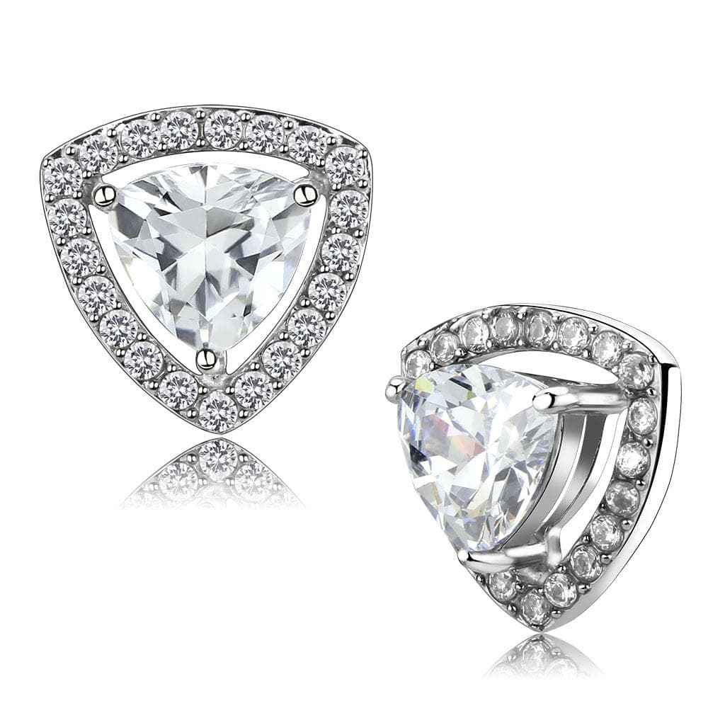 Stainless Steel Silver CZ Trillion Halo Stud Earrings
