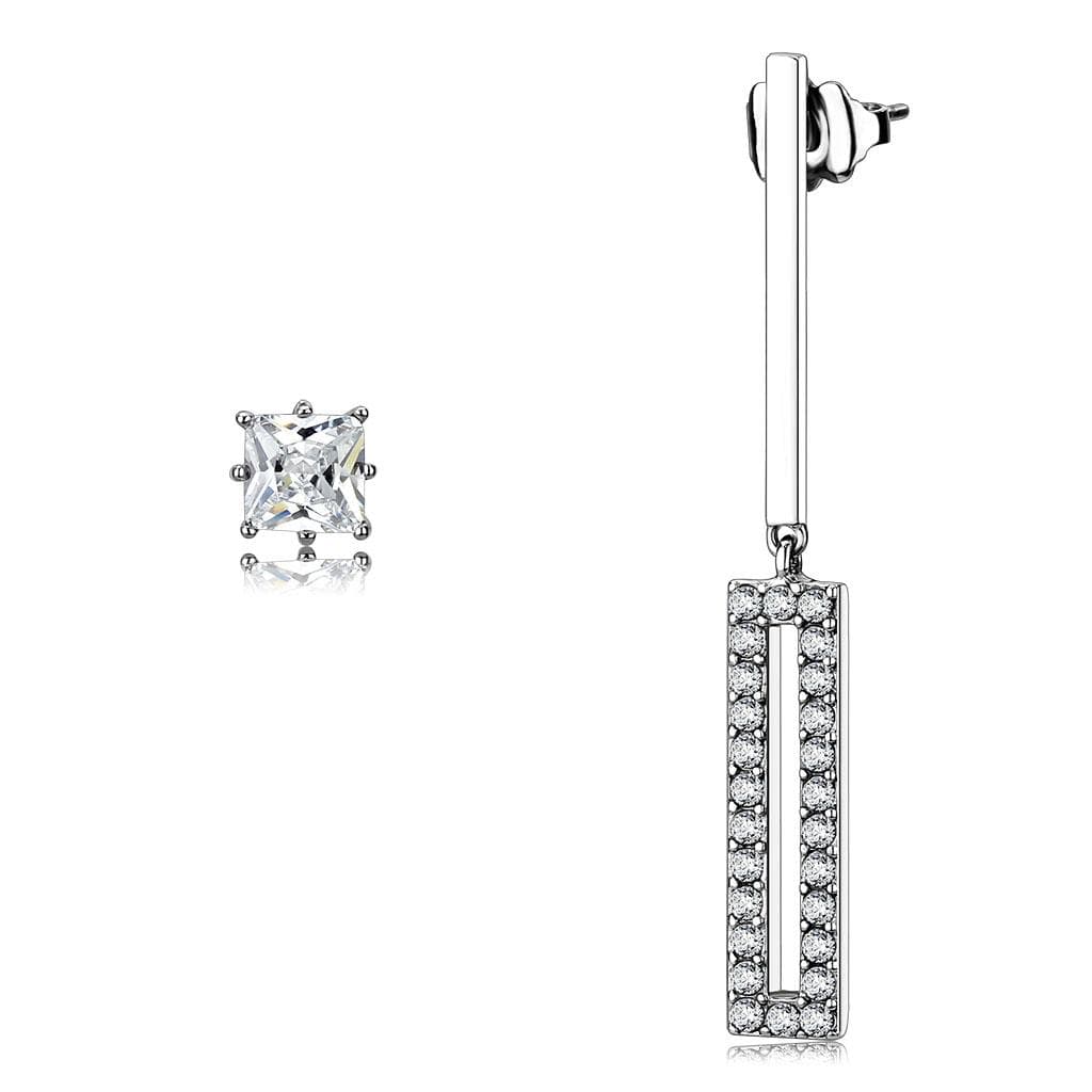 Stainless Steel Silver CZ Square Stud Bar Drop Earrings