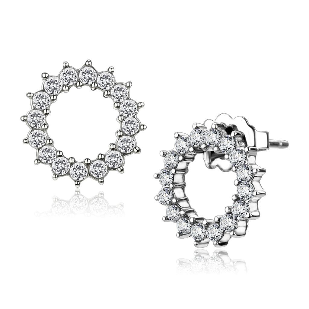Stainless Steel Silver CZ Round Sunburst Halo Circle Earrings