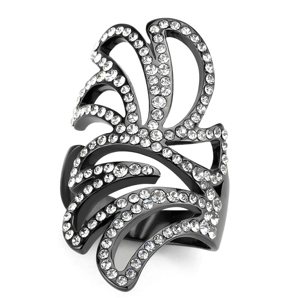 Stainless Steel Dark IP CZ Pave Swirl Leaf Open Cocktail Ring