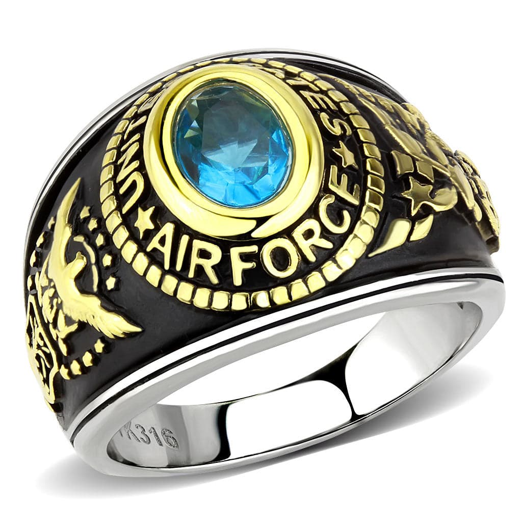Stainless Steel US Air Force Blue Stone Military Mens Signet Ring