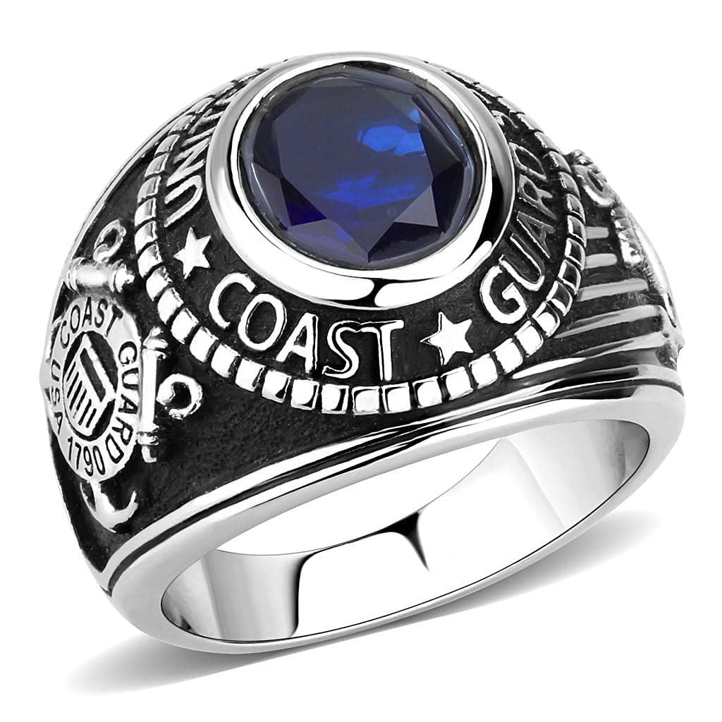 Stainless Steel US Coast Guard Blue Stone Military Mens Ring