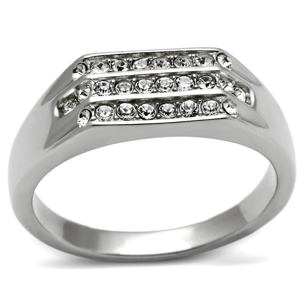 Stainless Steel Silver CZ Channel Triple Row Mens Signet Ring