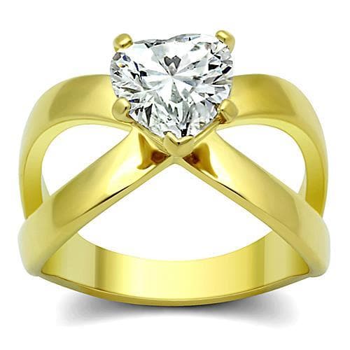 Stainless Steel Gold IP CZ Heart X Crossover Solitaire Ring