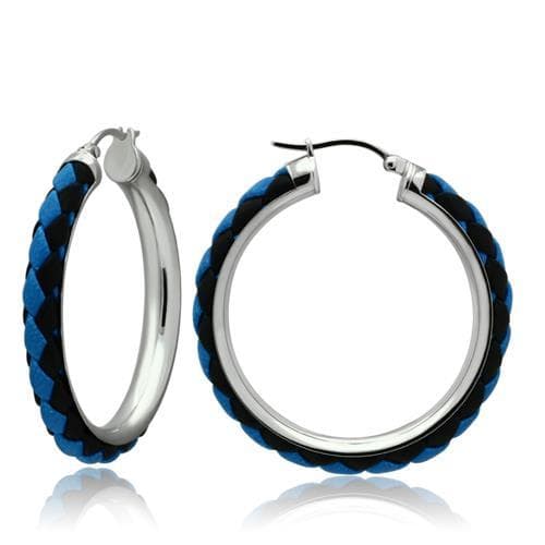 Sterling Silver Blue Black Leather Wrapped Hoop Earrings