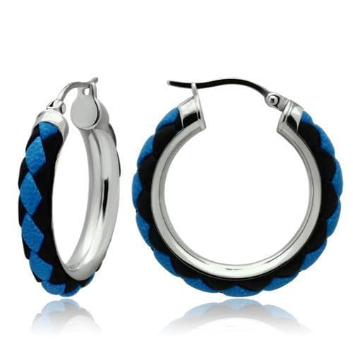 Stainless Steel Silver Blue Black Leather Wrapped Small Hoop Ring