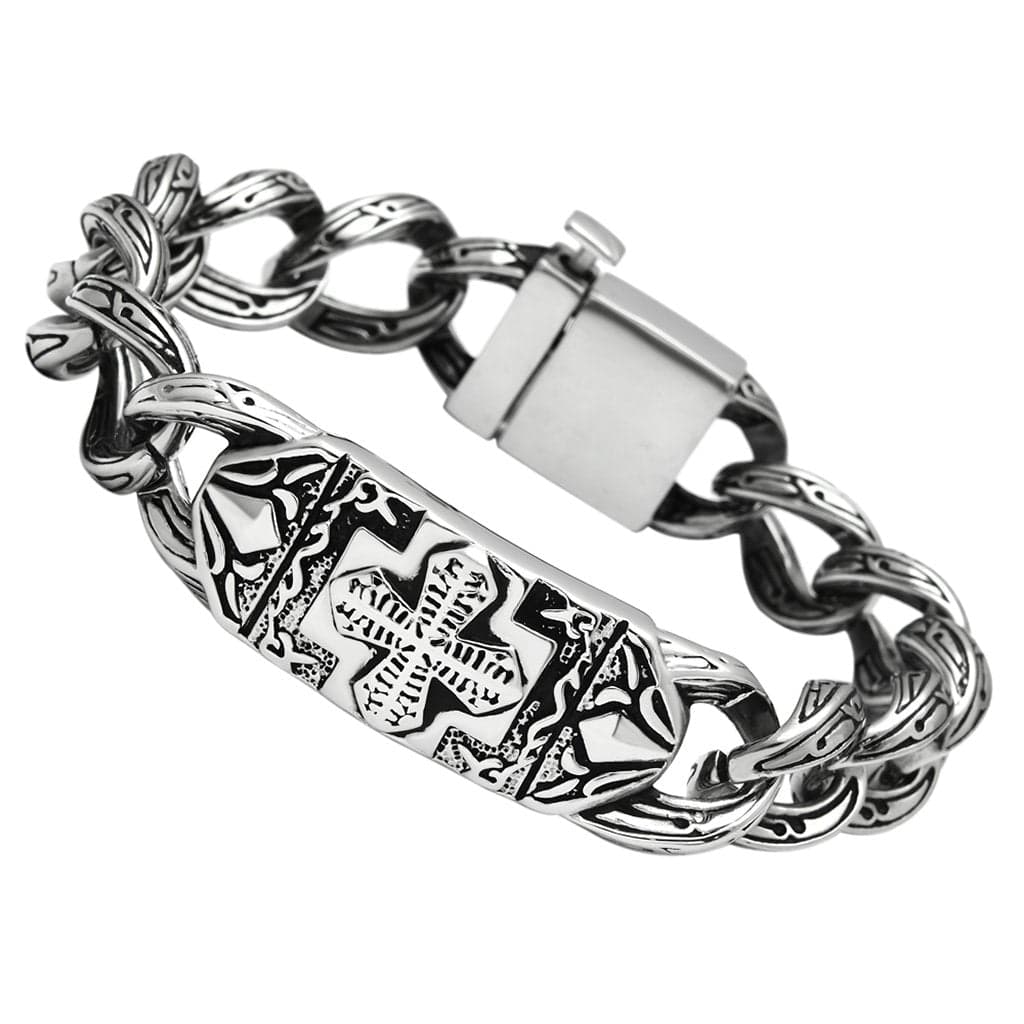 Stainless Steel Silver Cross Carved ID Cuban Link Mens Bracelet