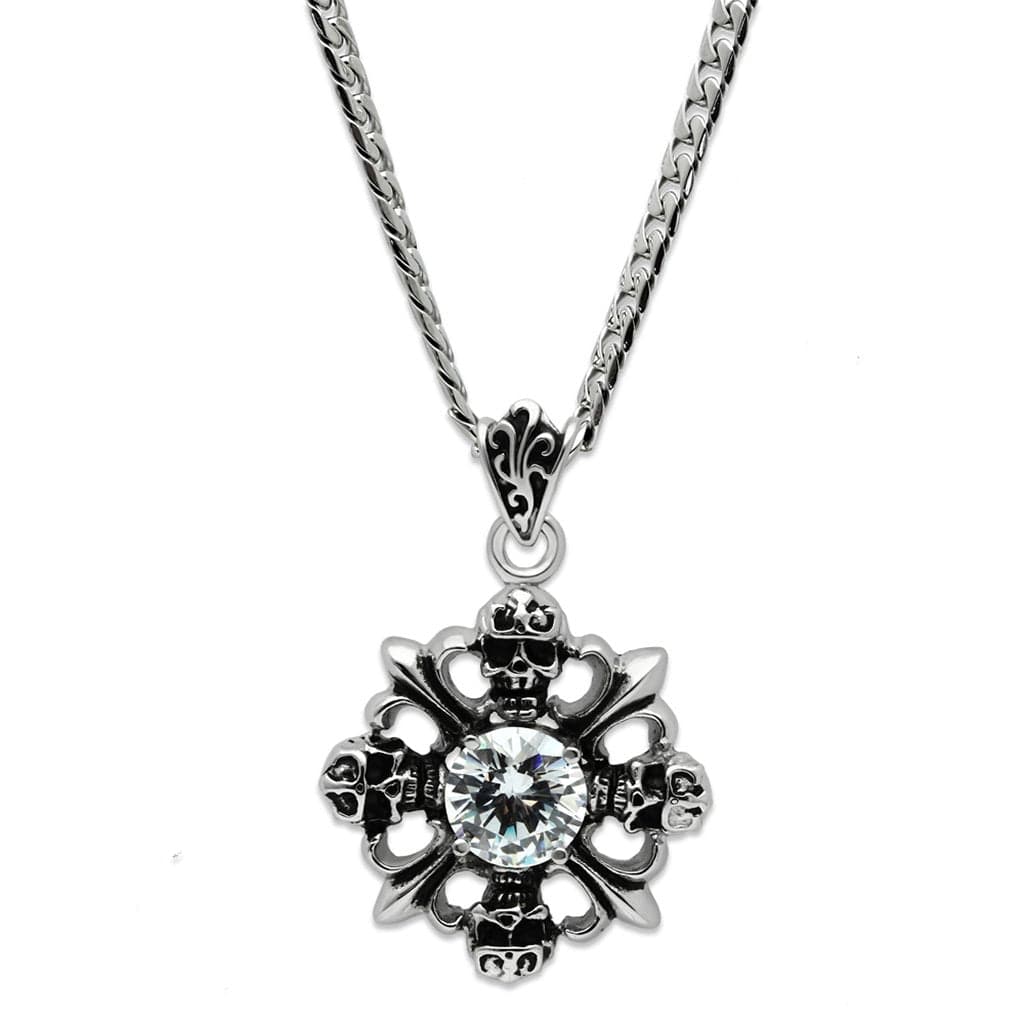 Stainless Steel Silver CZ Round Skull Fleur De Lis Pendant