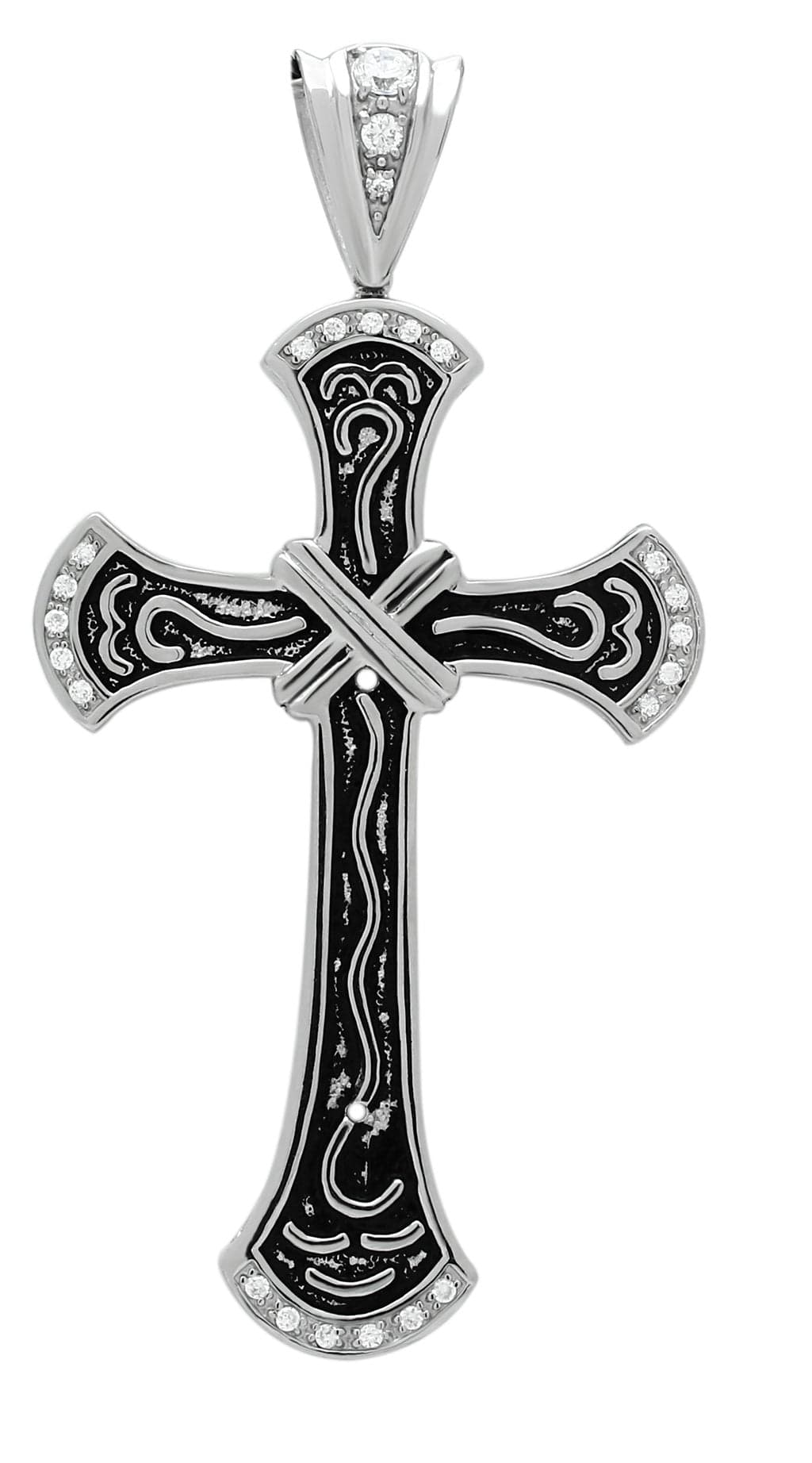 Stainless Steel Silver CZ Cross Scroll Carved Pendant