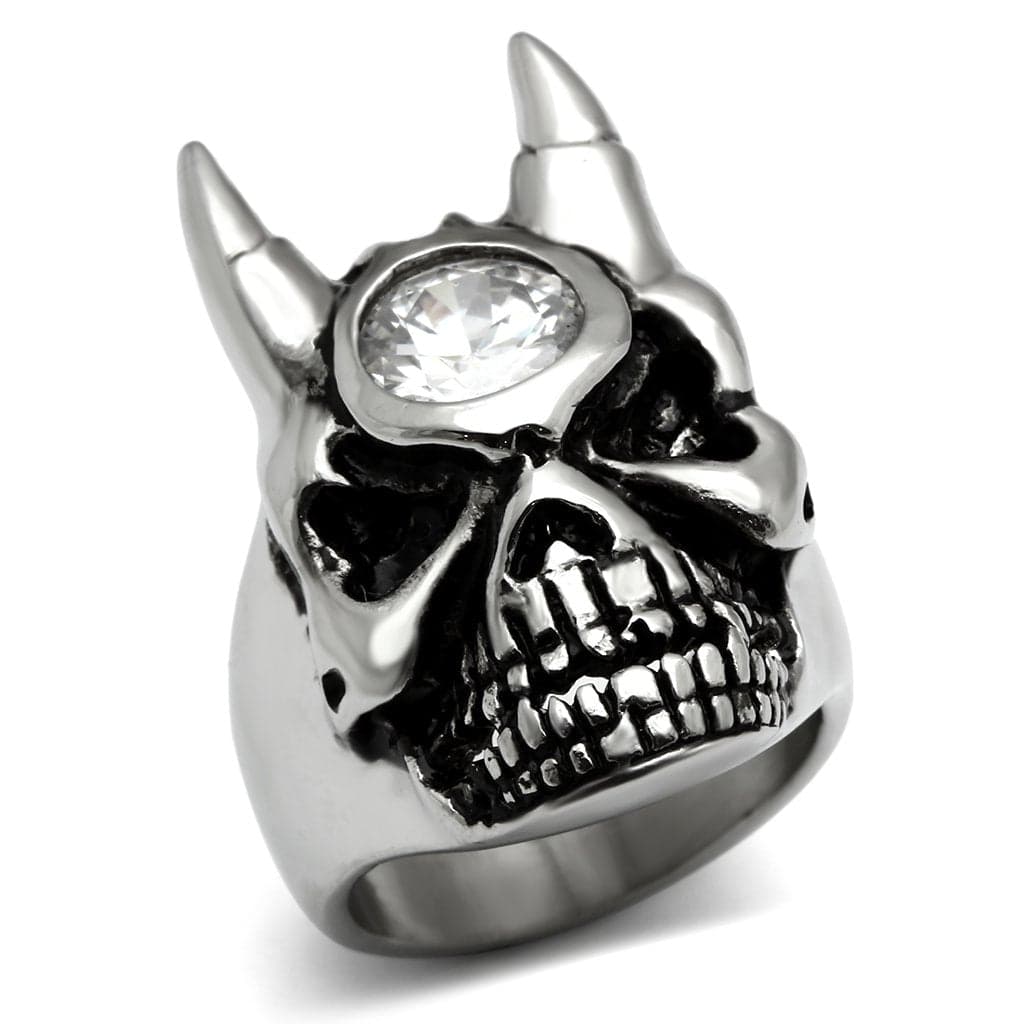 Stainless Steel Silver CZ Round Horned Skull Biker Ring