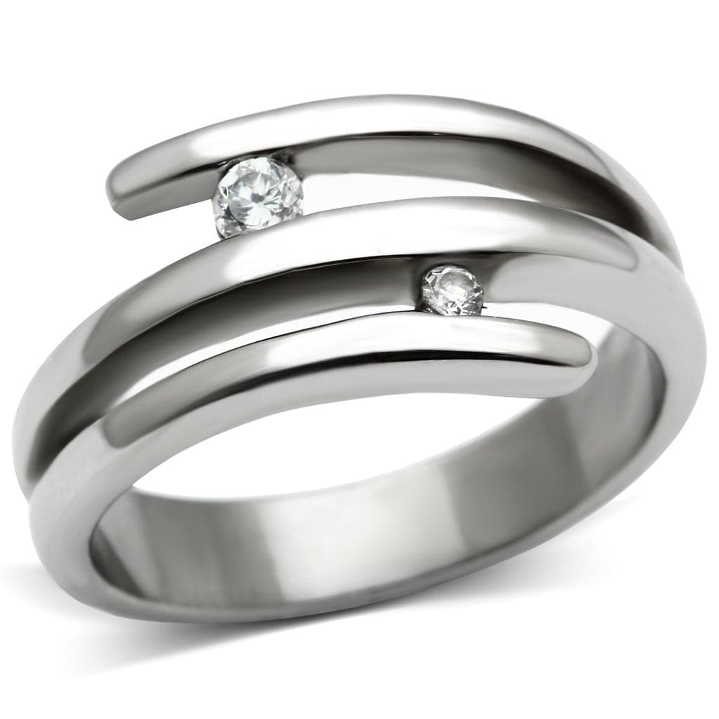 Stainless Steel Silver CZ Round Double Wrap Bypass Ring