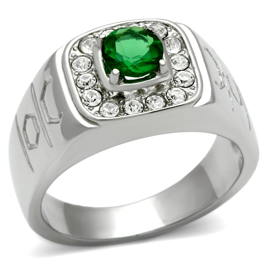 Stainless Steel Silver CZ Emerald Cut Green Halo Oval Mens Ring