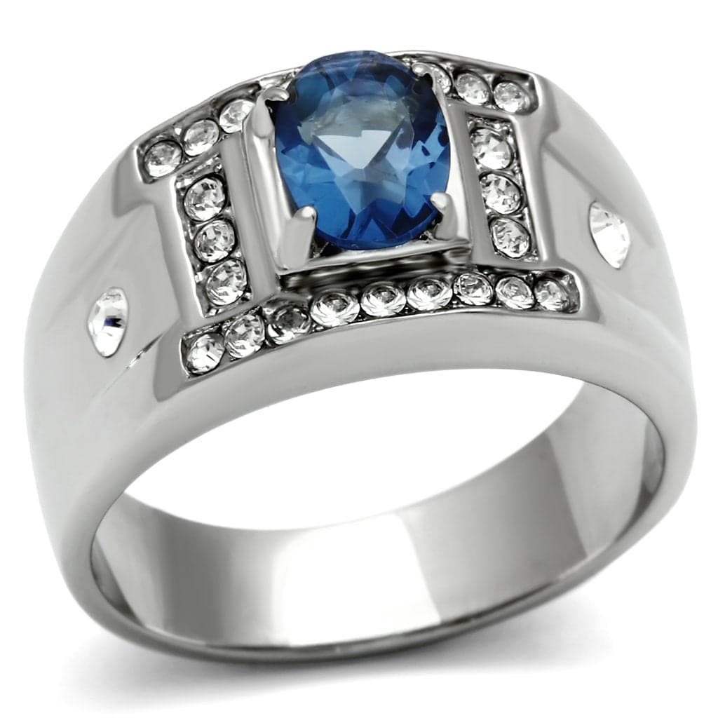 Stainless Steel Silver CZ Cushion Blue Cross Halo Square Ring