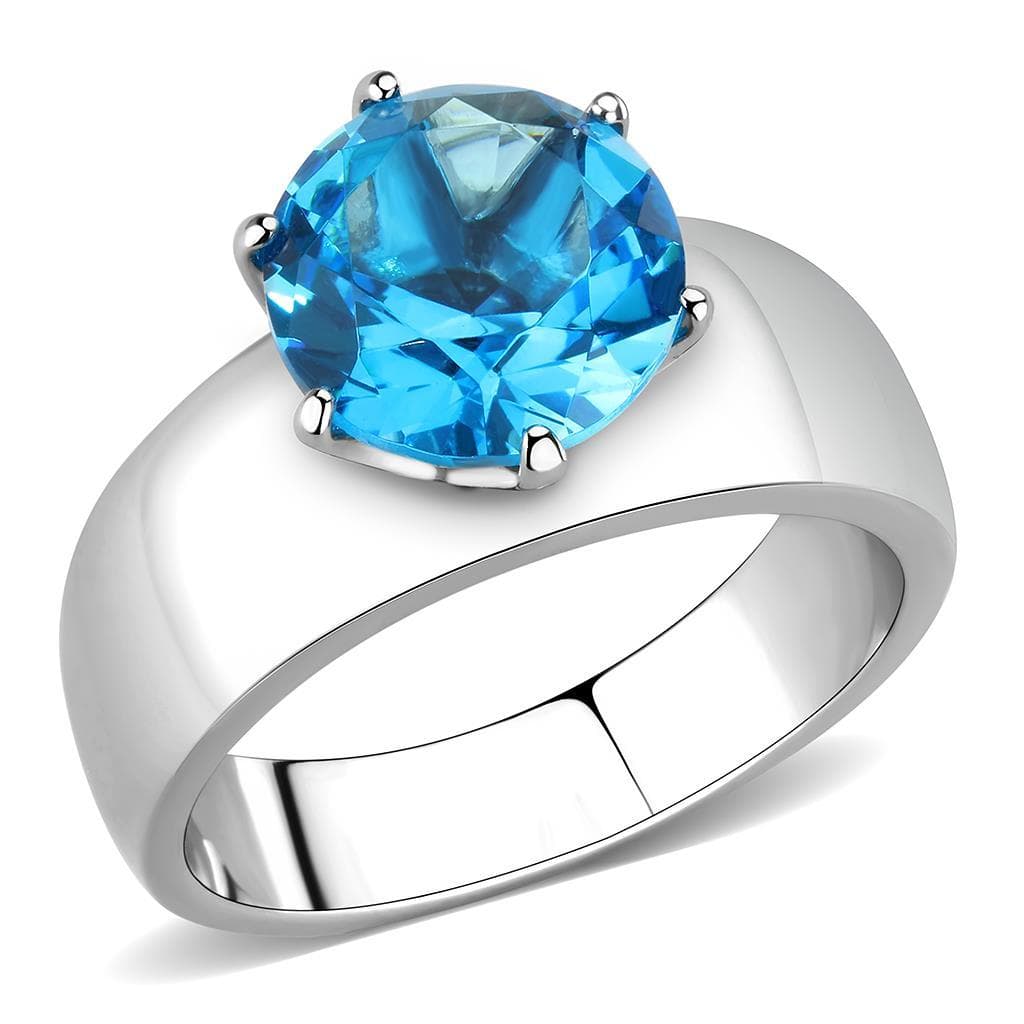 Stainless Steel Silver CZ Round Aqua Solitaire Wide Band Ring
