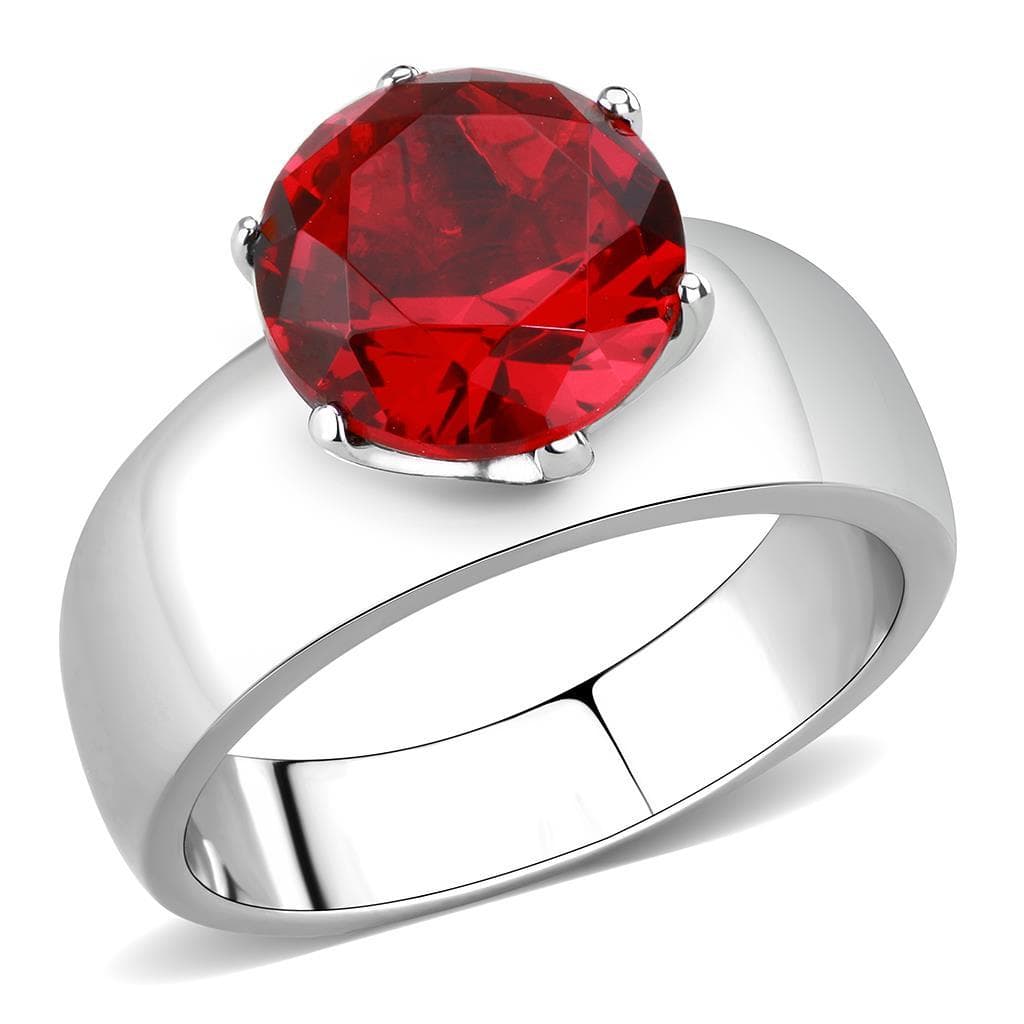 Stainless Steel Silver CZ Round Ruby Solitaire Wide Band Ring