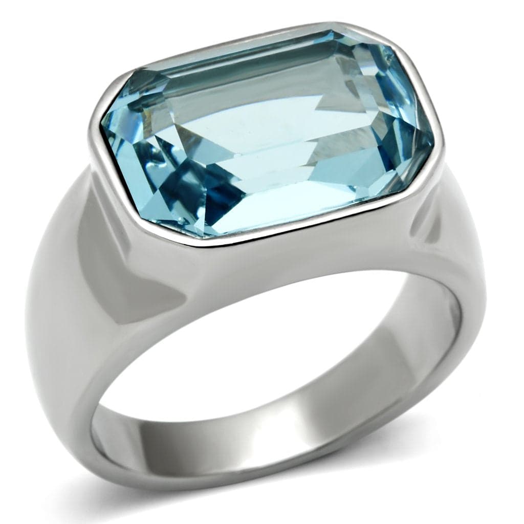 Stainless Steel Silver CZ Emerald Cut Light Blue Flat Mens Ring