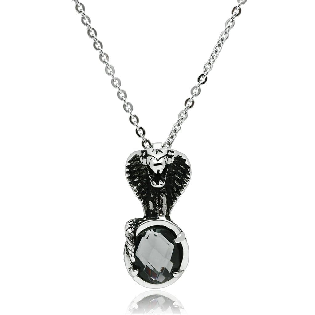 Stainless Steel Silver Eagle Head CZ Round Pendant Necklace