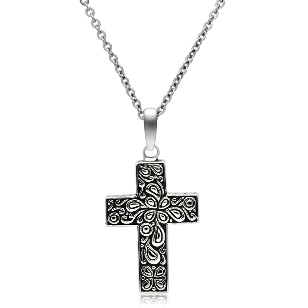 Stainless Steel Silver Paisley Scroll Carved Cross Necklace