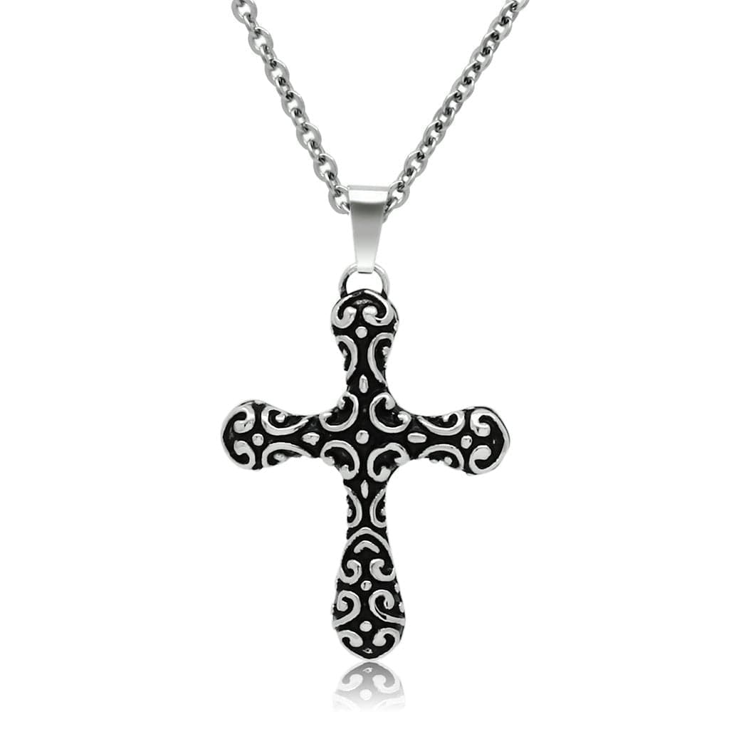 Stainless Steel Silver Scroll Swirl Trefoil Cross Necklace