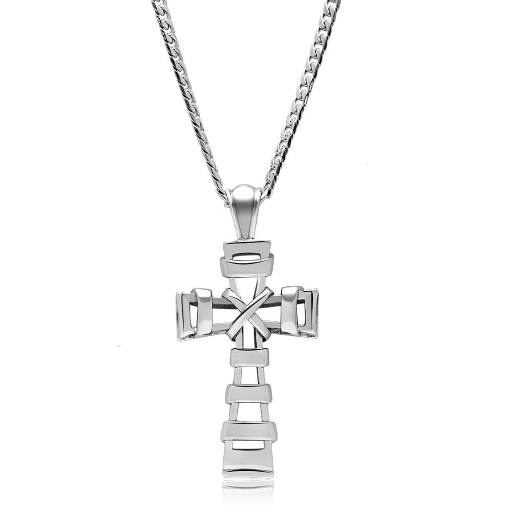 Stainless Steel Silver Ribbed Segmented Geometric Cross Necklace