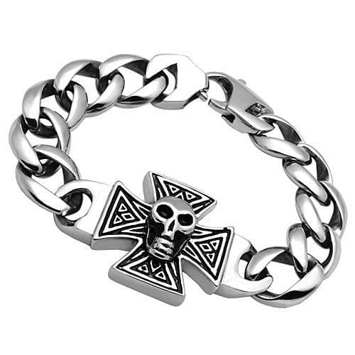 Stainless Steel Silver Skull Iron Cross Curb Chain Biker Bracelet