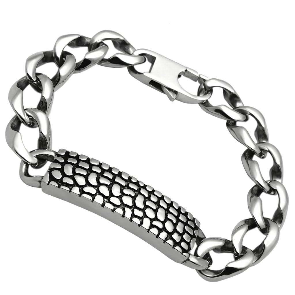 Stainless Steel Silver Dragon Scale ID Plate Curb Chain Bracelet
