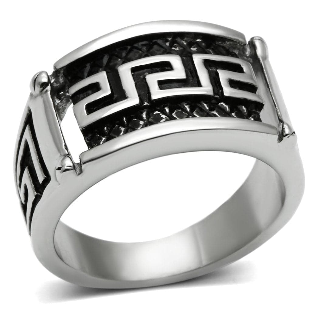 Stainless Steel Silver Greek Key Pattern Square Mens Signet Ring