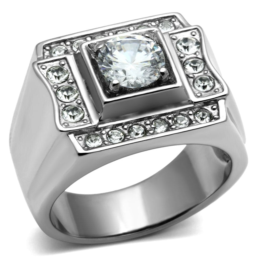 Stainless Steel Silver CZ Round Clear Square Halo Channel Ring