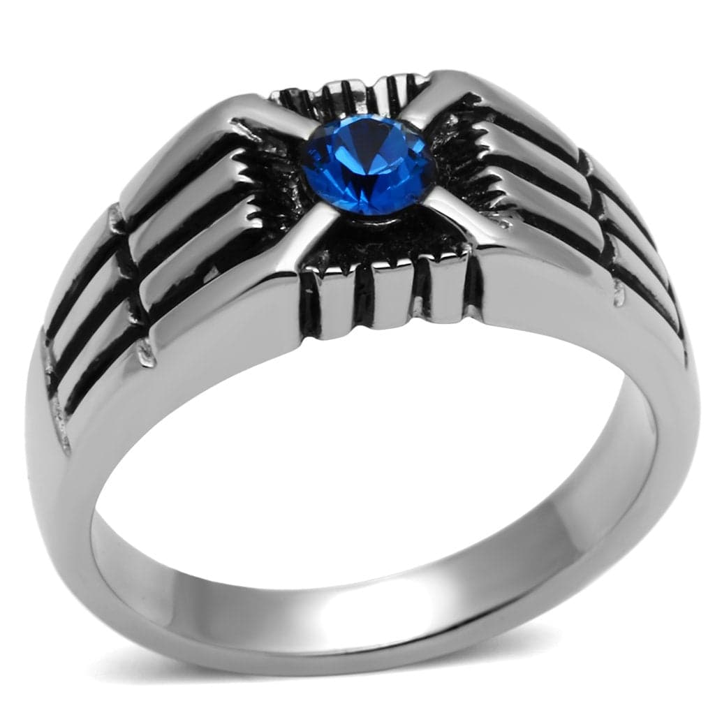 Stainless Steel Silver CZ Round Blue Art Deco Grooved Ring
