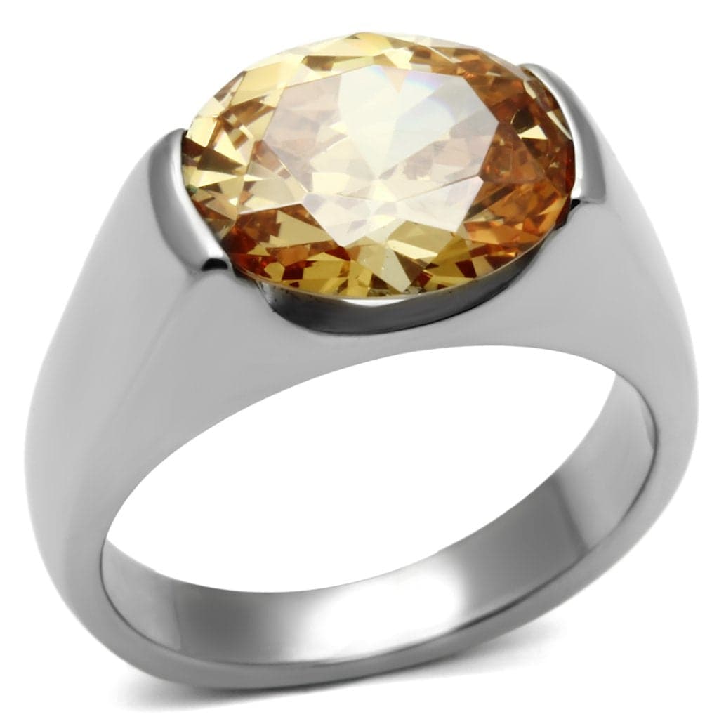 Stainless Steel Silver CZ Oval Champagne Bezel Mens Ring