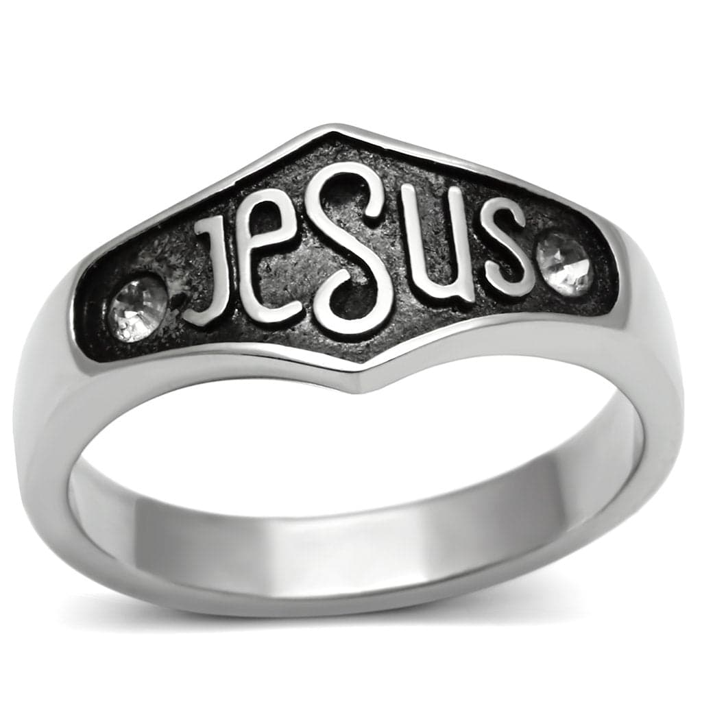 Stainless Steel Silver Jesus Script Faith Ring