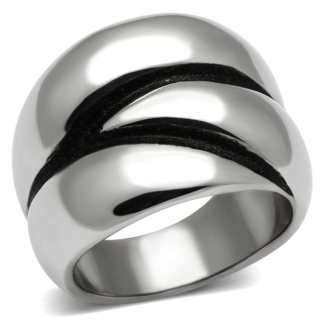 Stainless Steel Silver Black Enamel Swirl Accent Wide Dome Ring