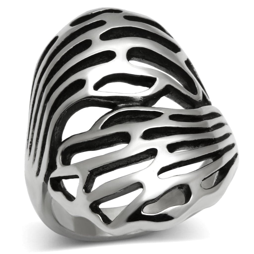 Stainless Steel Silver Black Enamel Zebra Cutout Wide Ring