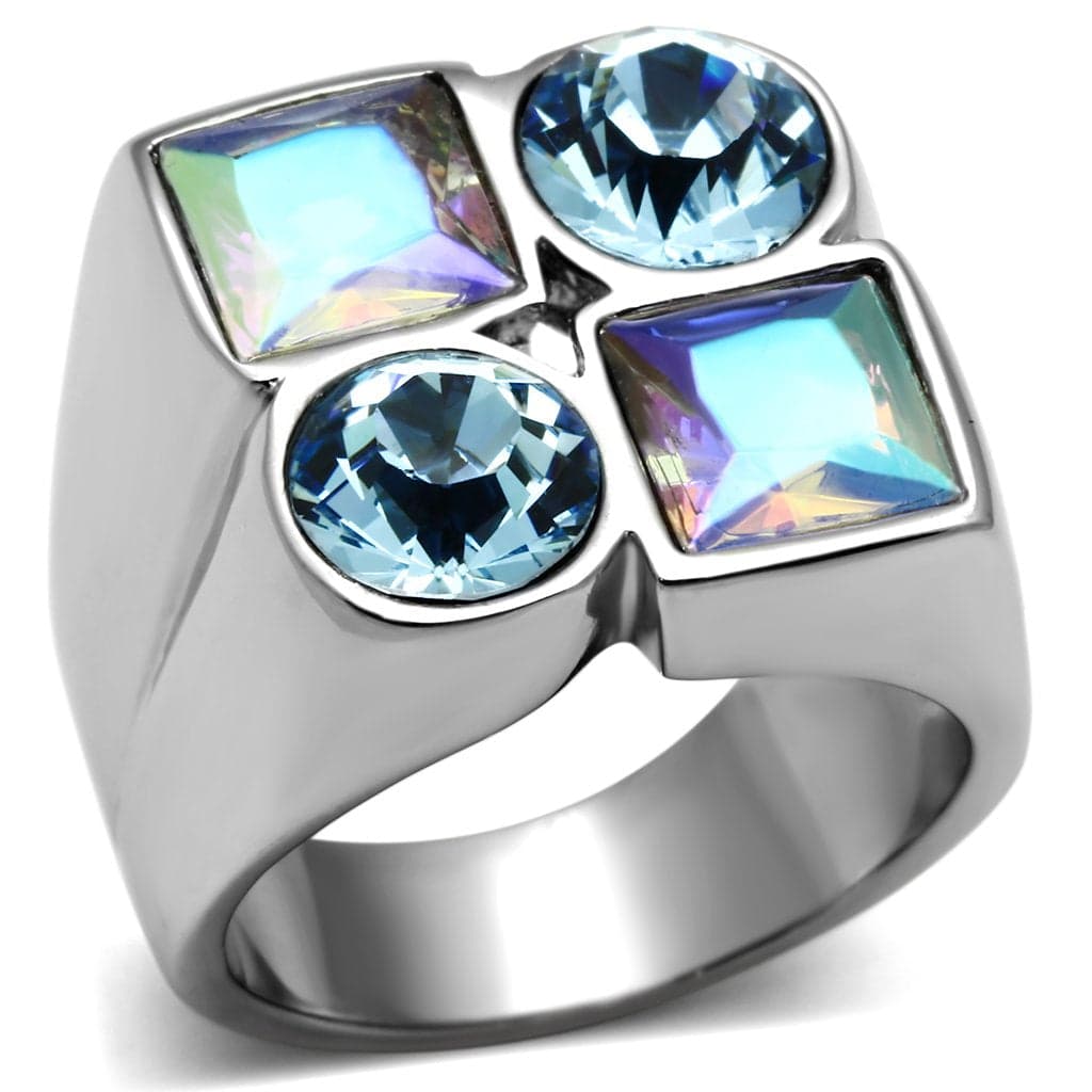 Stainless Steel Silver Blue AB Crystal Multi Stone Geometric Ring