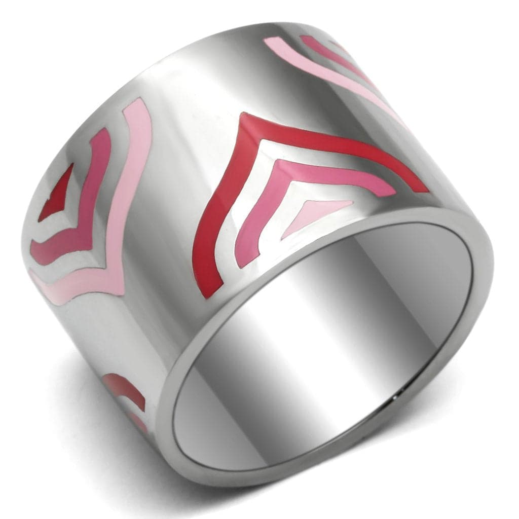 Stainless Steel Silver Red Pink Geometric Enamel Wide Band Ring